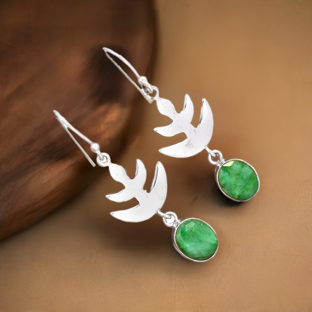 Solid 925 Silver Earrings In Natural Dyed Emerald Gemstone 925SE2175
