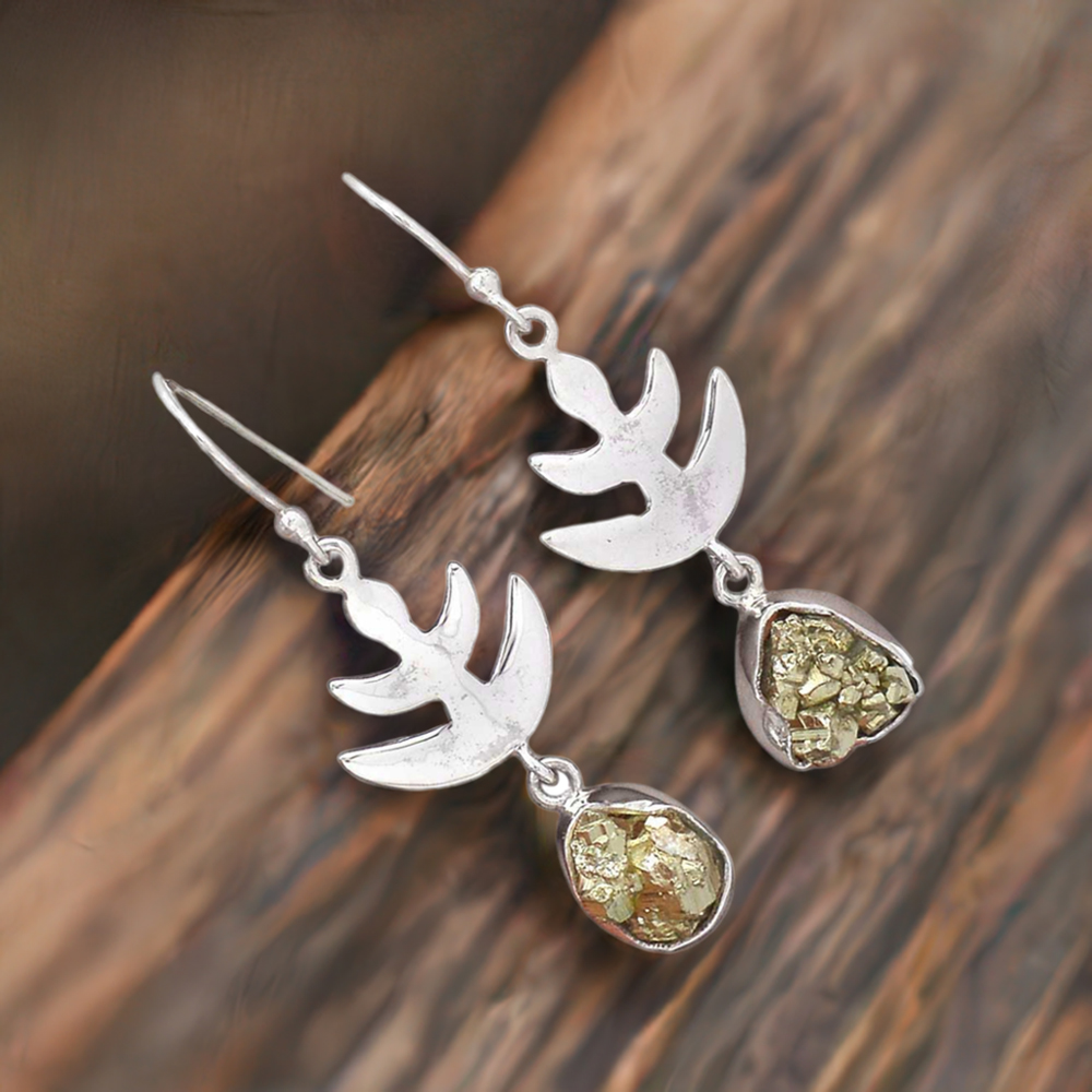 Solid 925 Silver Earrings In Semi Precious Pyrite Gemstone 925SE2176