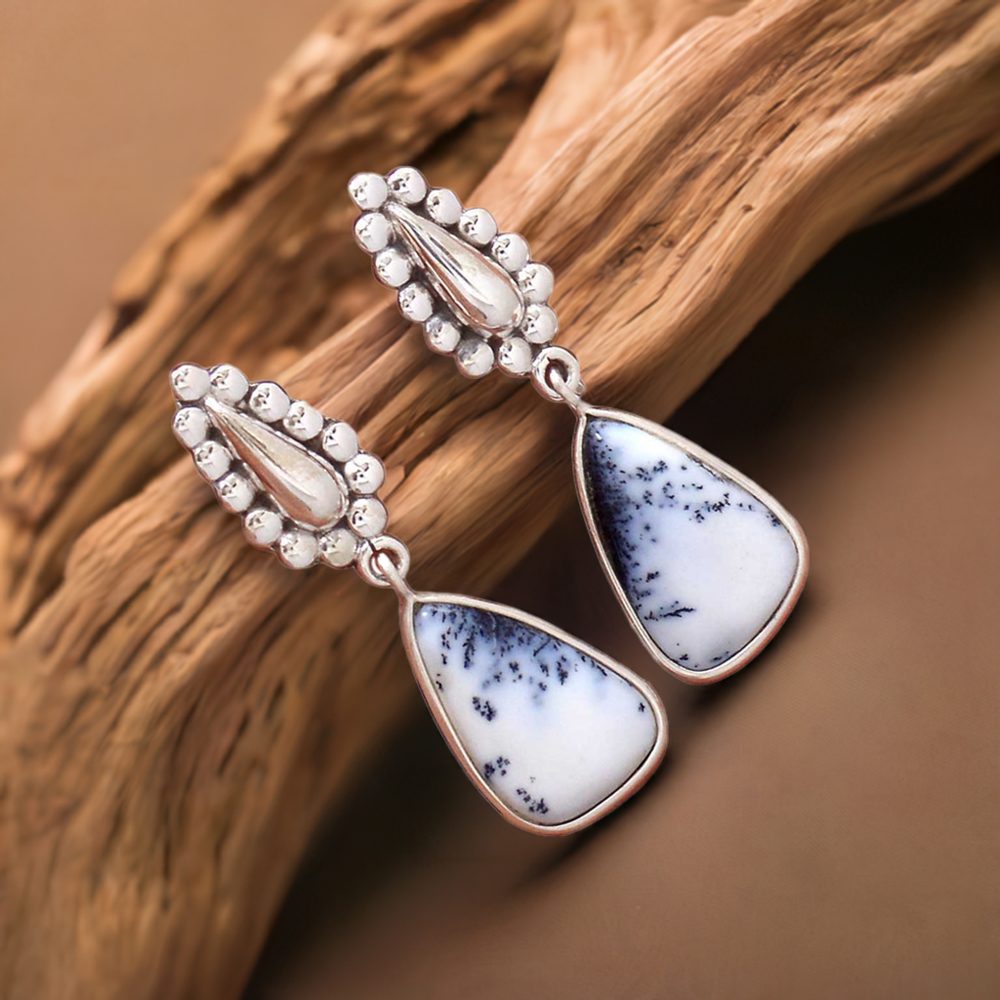 Semi Precious Dendritic Jasper Gemstone Earrings In Solid 925 Silver 925SE2185