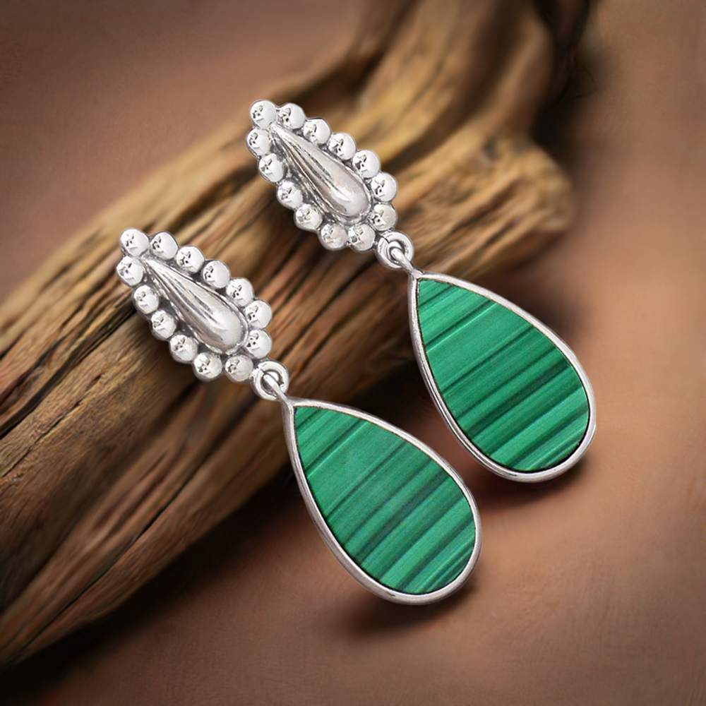 Genuine Malachite Gemstone Earrings In Solid 925 Silver 925SE2186