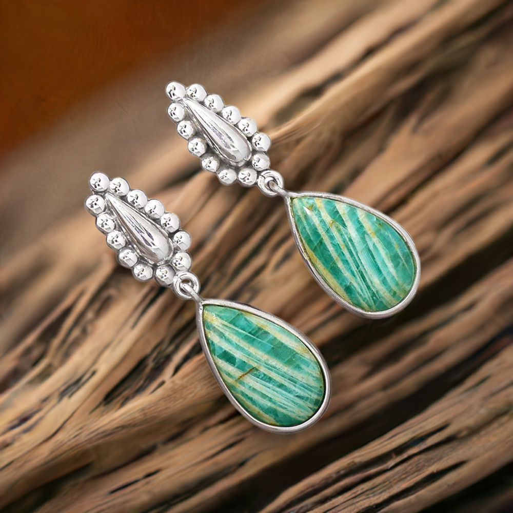 Natural Amazonite Gemstone Earrings In Fine 925 Sterling Silver 925SE2187