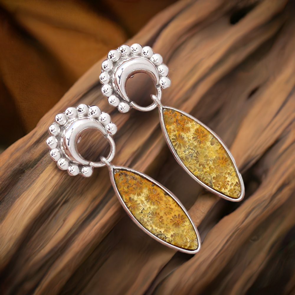 Genuine Fossil Coral Gemstone Earrings In Fine 925 Sterling Silver 925SE2189