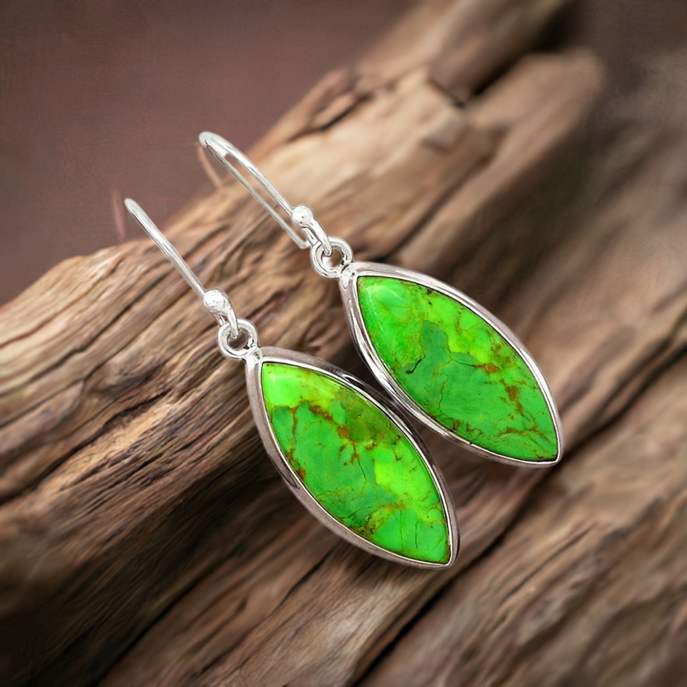 925 Sterling Silver Earrings In Genuine Green Cooper Turquoise Gemstone 925SE2195