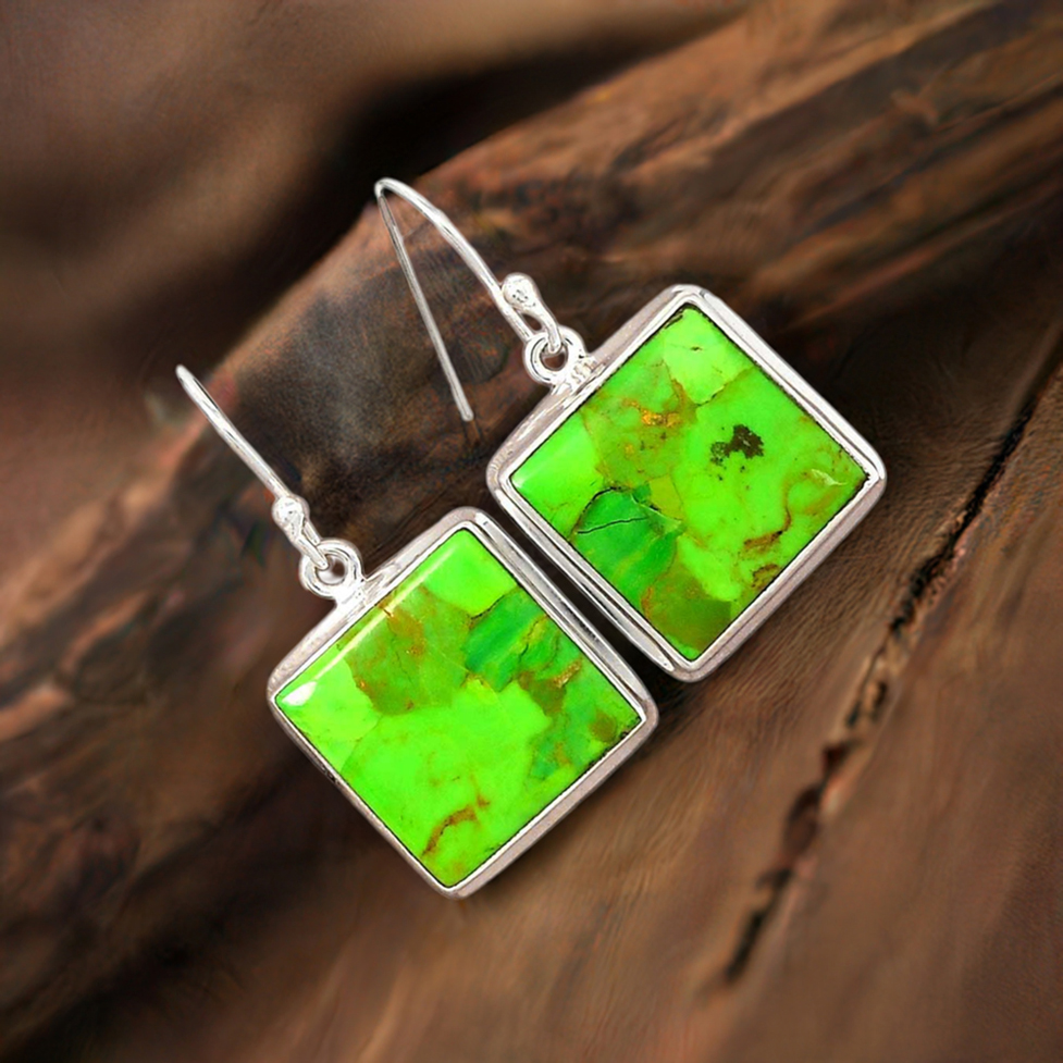 925 Sterling Silver Earrings In Genuine Green Cooper Turquoise Gemstone 925SE2195_0