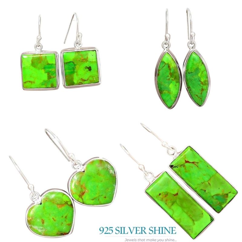 925 Sterling Silver Earrings In Genuine Green Cooper Turquoise Gemstone 925SE2195_10