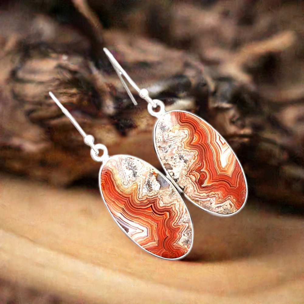 Solid 925 Silver Earrings In Natural Mexican Laguna Lace Gemstone 925SE2254