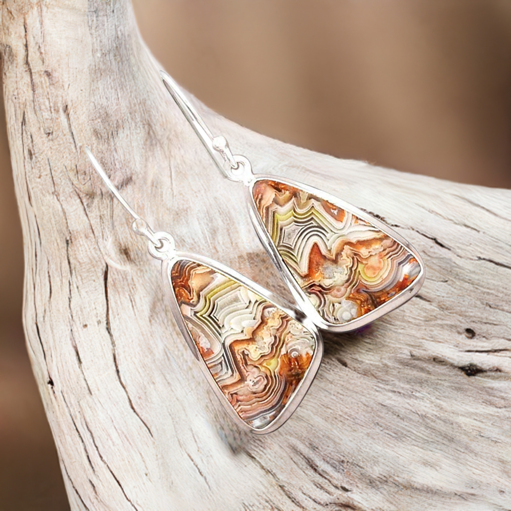 Solid 925 Silver Earrings In Semi Precious Mexican Laguna Lace Gemstone 925SE2255