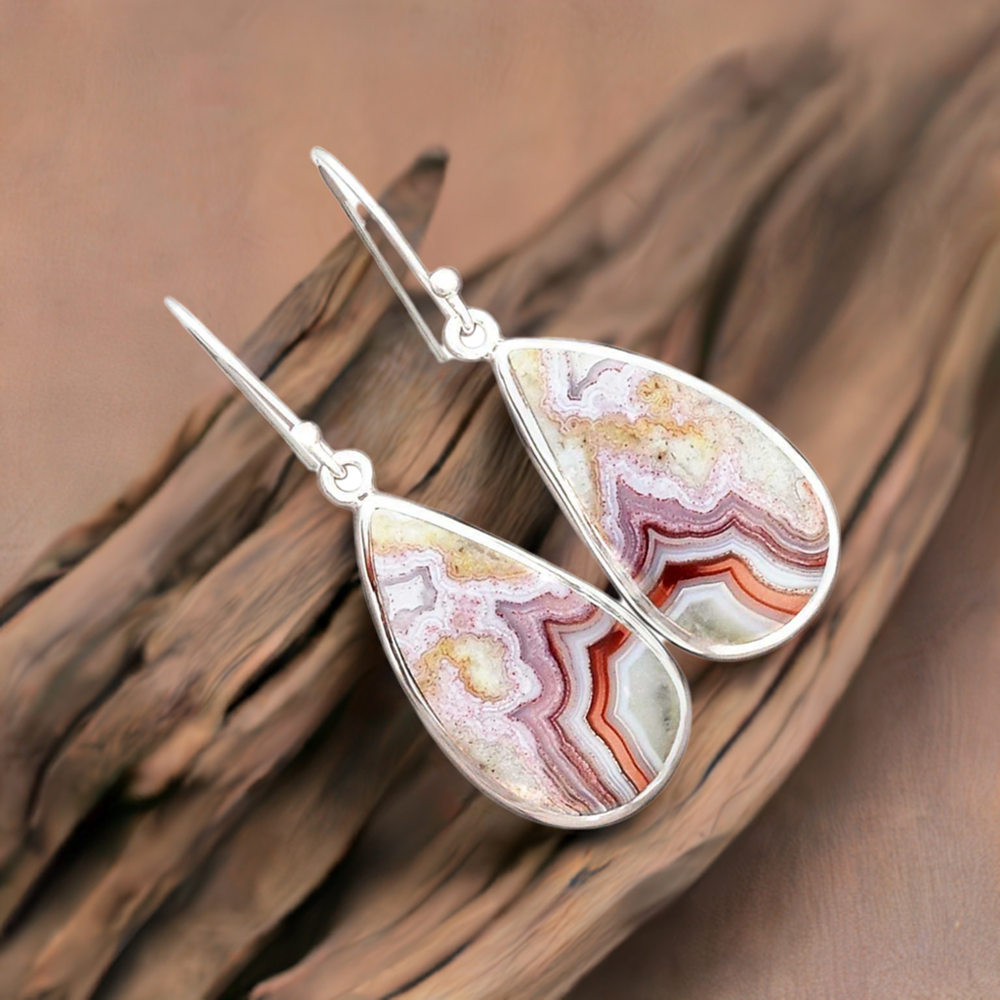 Solid 925 Silver Earrings In Genuine Mexican Laguna Lace Gemstone 925SE2256