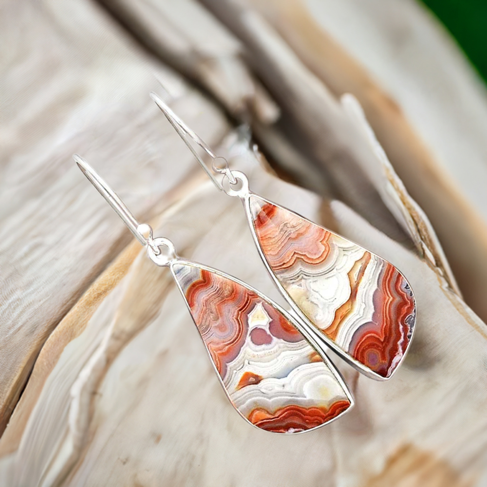 Fine 925 Sterling Silver Earrings In Semi Precious Mexican Laguna Lace Gemstone 925SE2258