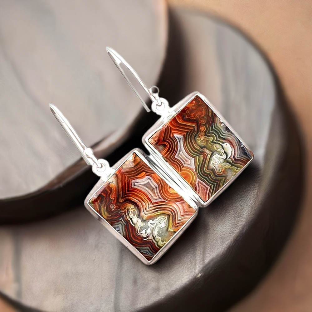 Fine 925 Sterling Silver Earrings In Genuine Mexican Laguna Lace Gemstone 925SE2259