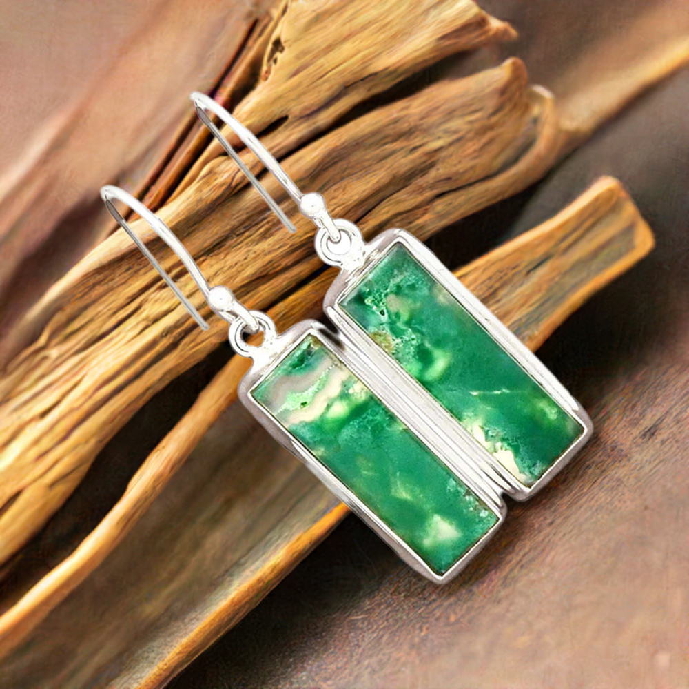 925 Sterling Silver Earrings In Natural Chrysoprase Gemstone 925SE2281