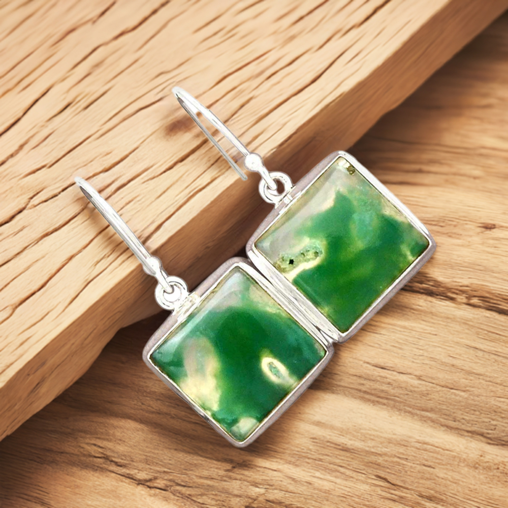 925 Sterling Silver Earrings In Semi Precious Chrysoprase Gemstone 925SE2282