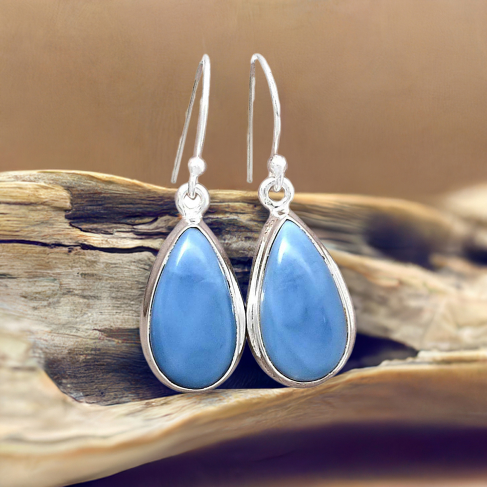 Fine 925 Sterling Silver Earrings In Semi Precious Blue Agate Gemstone 925SE2337_0