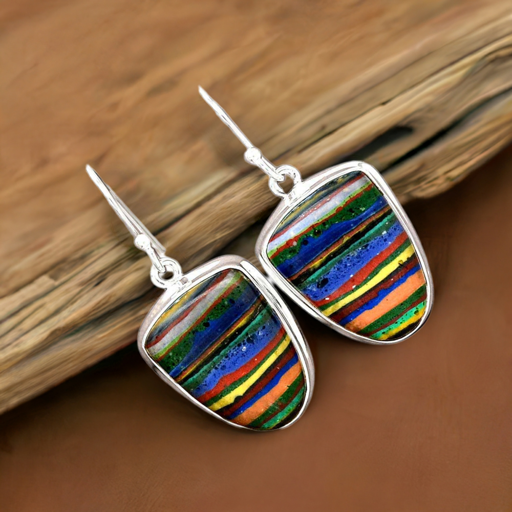 925 Sterling Silver Handmade Earrings In Rainbow Calsilica Gemstone Jewelry 925SE2383