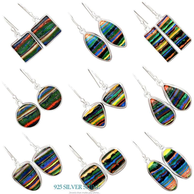 925 Sterling Silver Handmade Earrings In Rainbow Calsilica Gemstone Jewelry 925SE2383_11