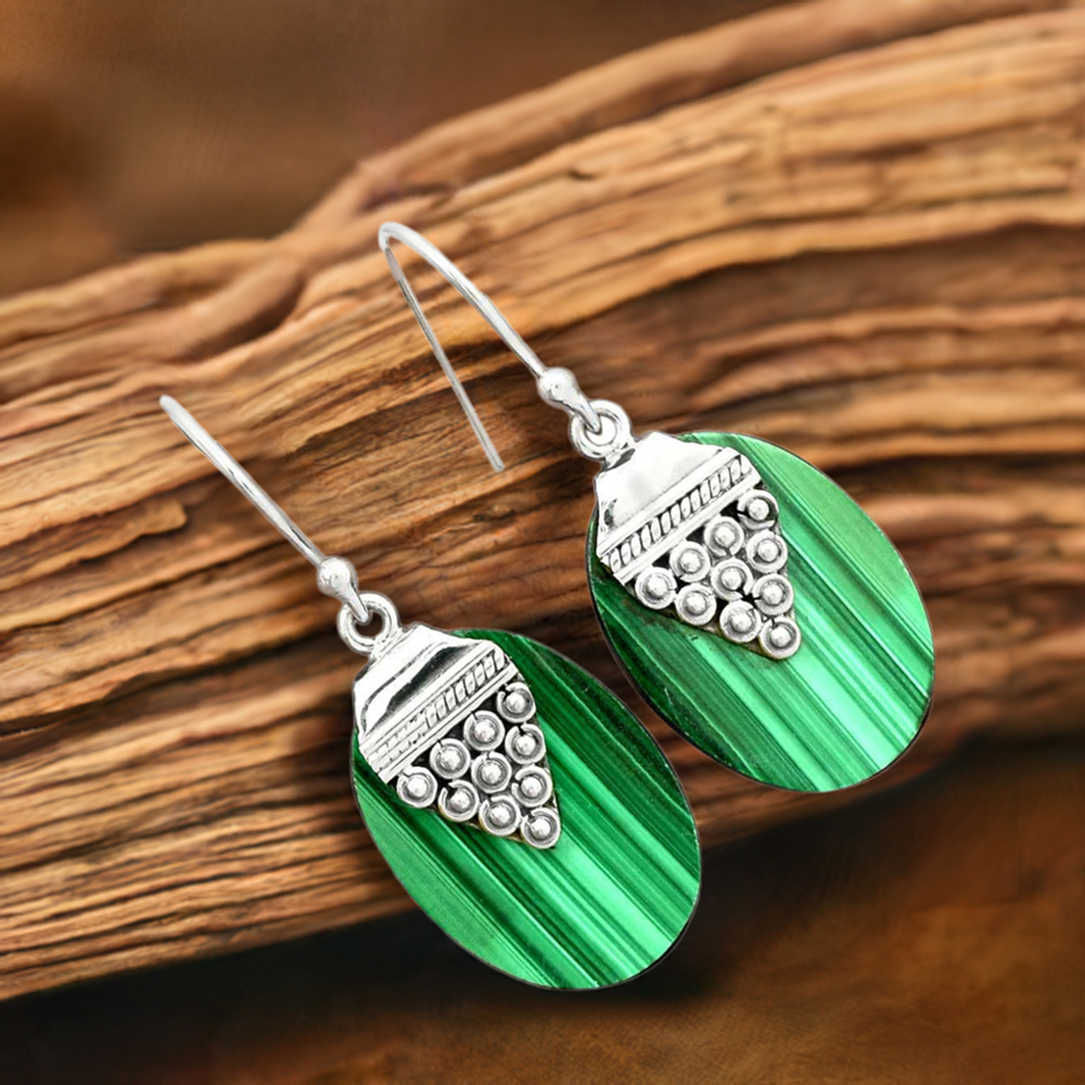 925 Sterling Silver Handmade Earrings In Malachite Gemstone Jewelry 925SE2473