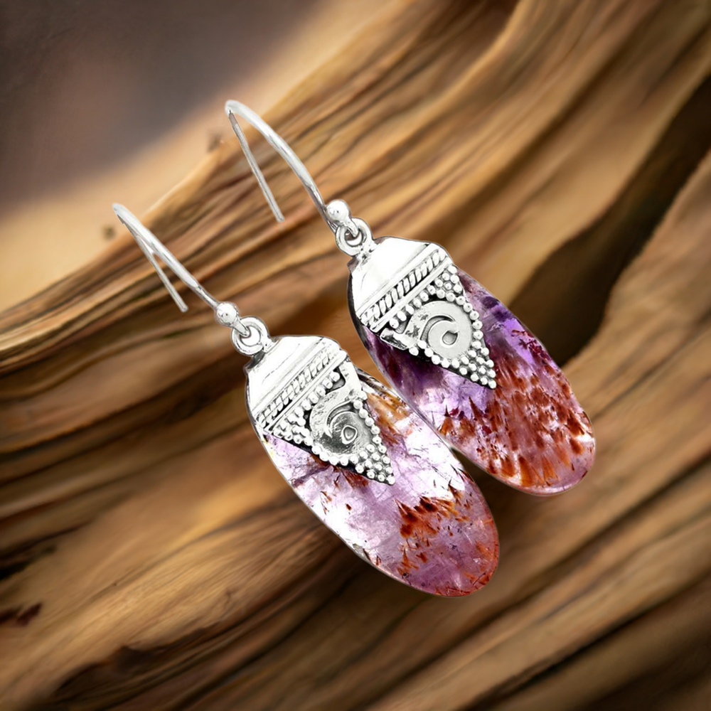 Solid 925 Silver Earrings In Natural Cacoxenite Gemstone 925SE2491