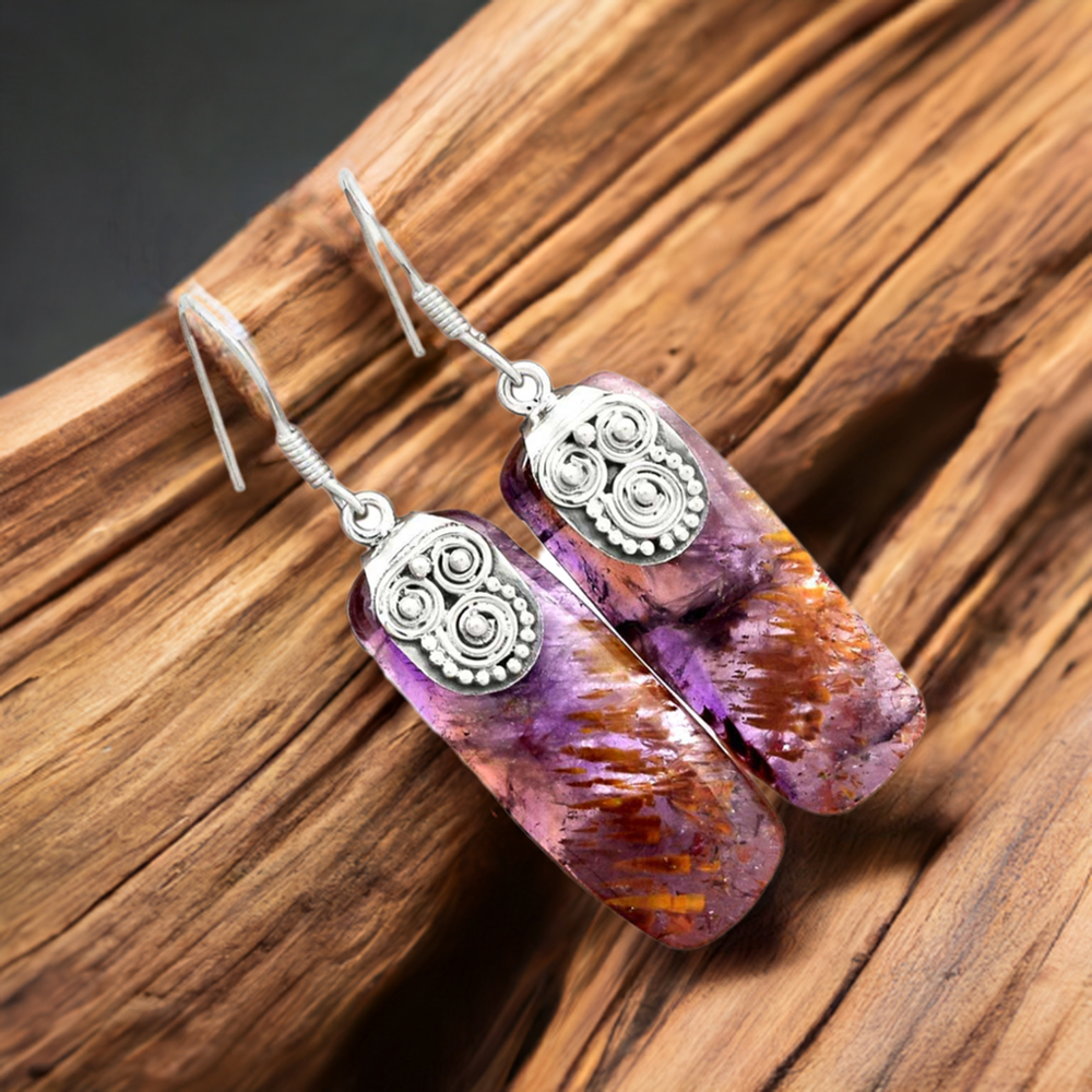 Fine 925 Sterling Silver Earrings In Genuine Cacoxenite Gemstone 925SE2496