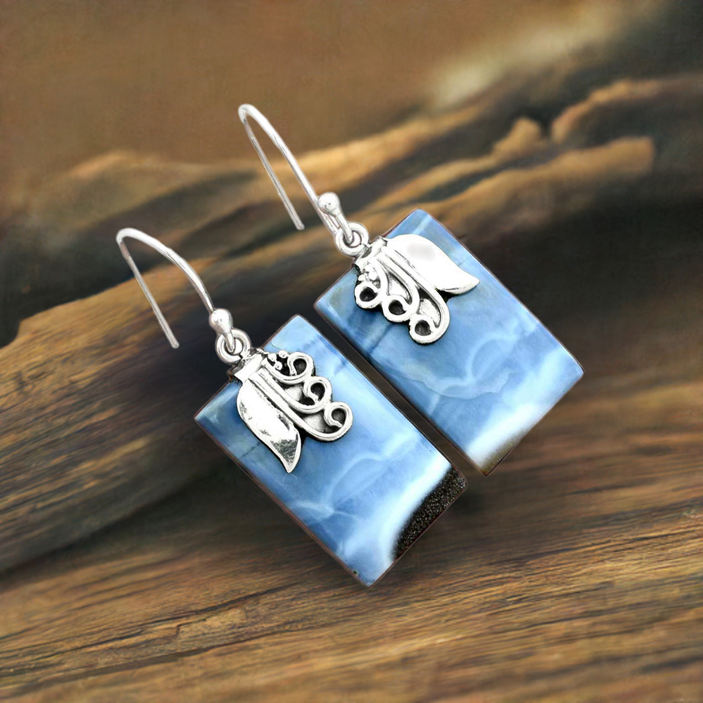 Natural Blue Agate Gemstone Earrings In Fine 925 Sterling Silver 925SE2503