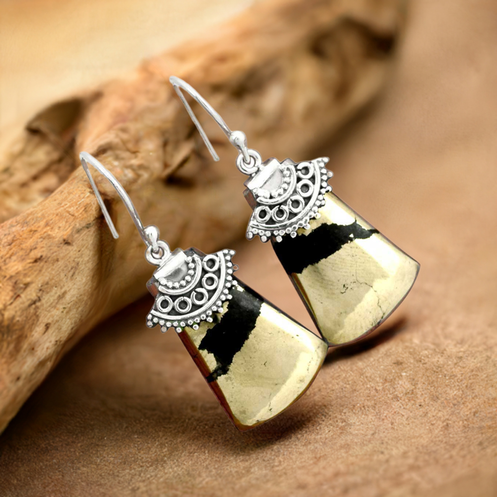925 Sterling Silver Earrings In Natural Pyrite Gemstone 925SE2515