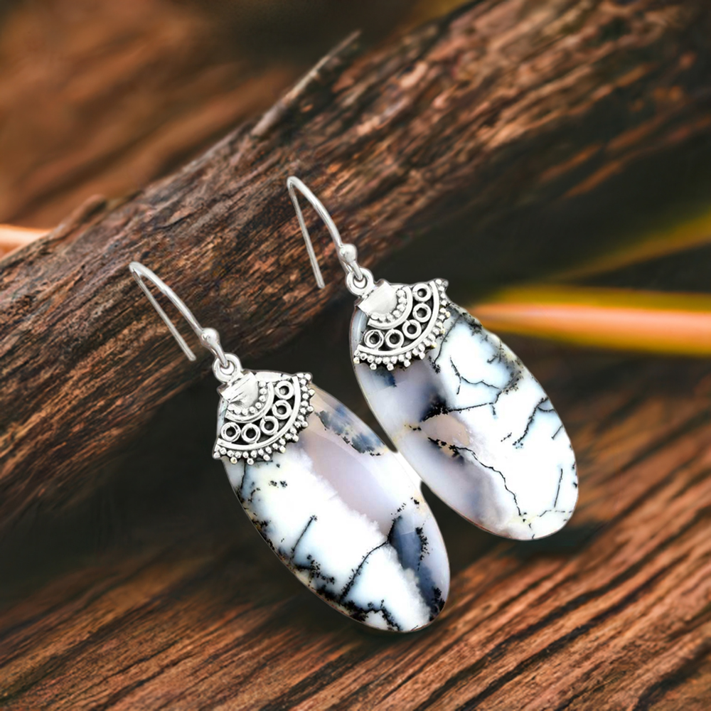 925 Sterling Silver Earrings In Semi Precious Dendritic Agate Gemstone 925SE2516