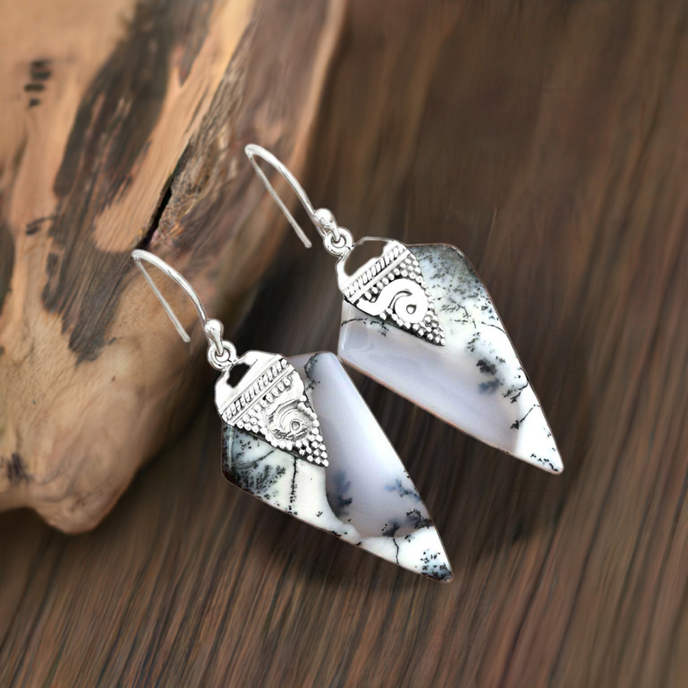 925 Sterling Silver Earrings In Genuine Dendritic Agate Gemstone 925SE2517