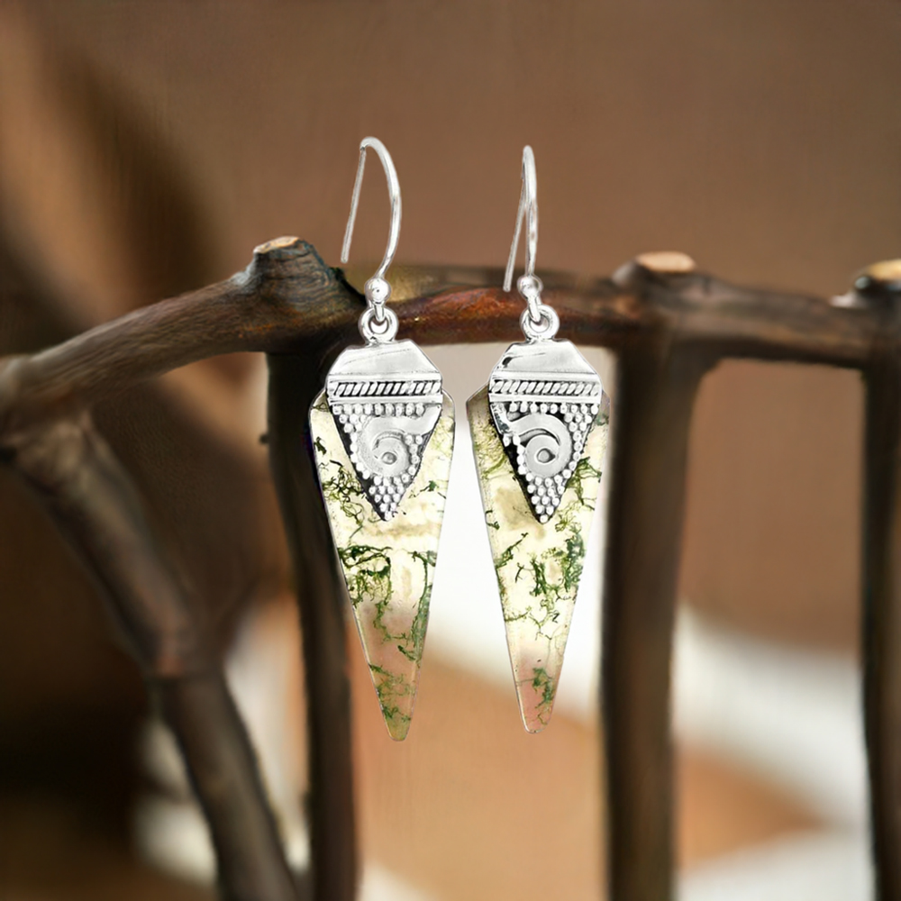 925 Sterling Silver Earrings In Natural Moss Agate Gemstone 925SE2518