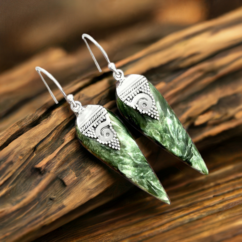 Semi Precious Seraphinite Gemstone Earrings In 925 Sterling Silver Jewelry 925SE2522