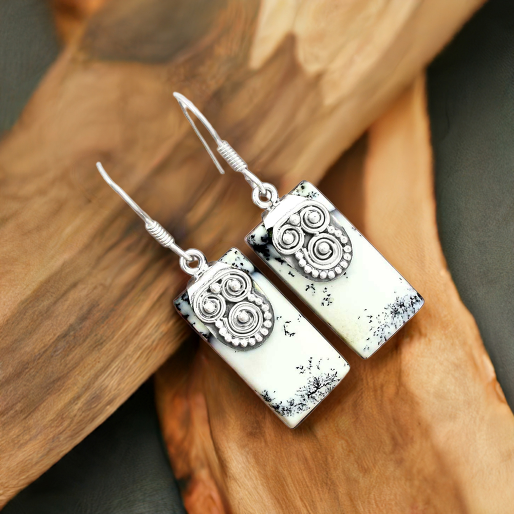 Natural Dendrite Opal Gemstone Earrings In 925 Sterling Silver Jewelry 925SE2530