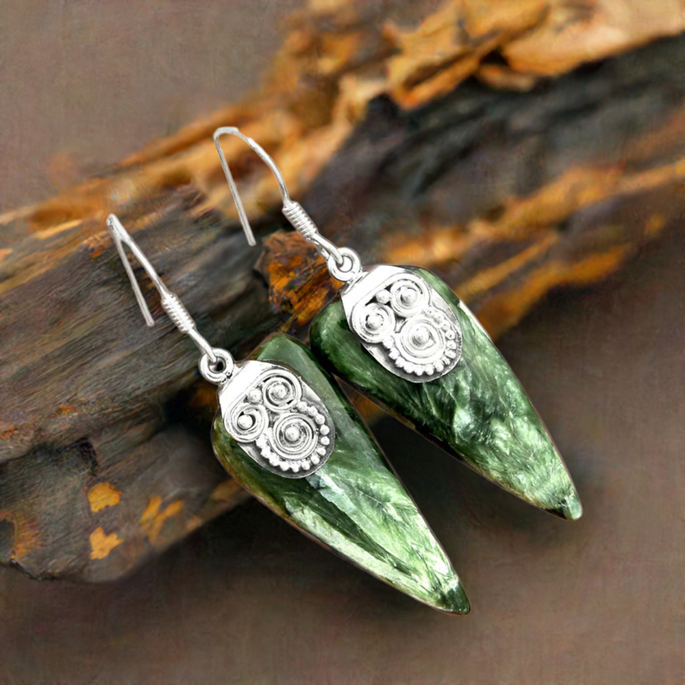 Semi Precious Seraphinite Gemstone Earrings In 925 Sterling Silver Jewelry 925SE2531
