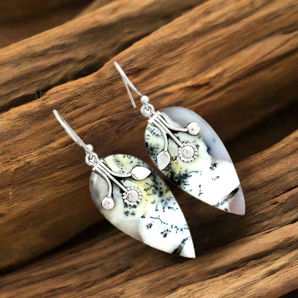 925 Sterling Silver Handmade Earrings In Dendrite Opal Gemstone Jewelry 925SE2541