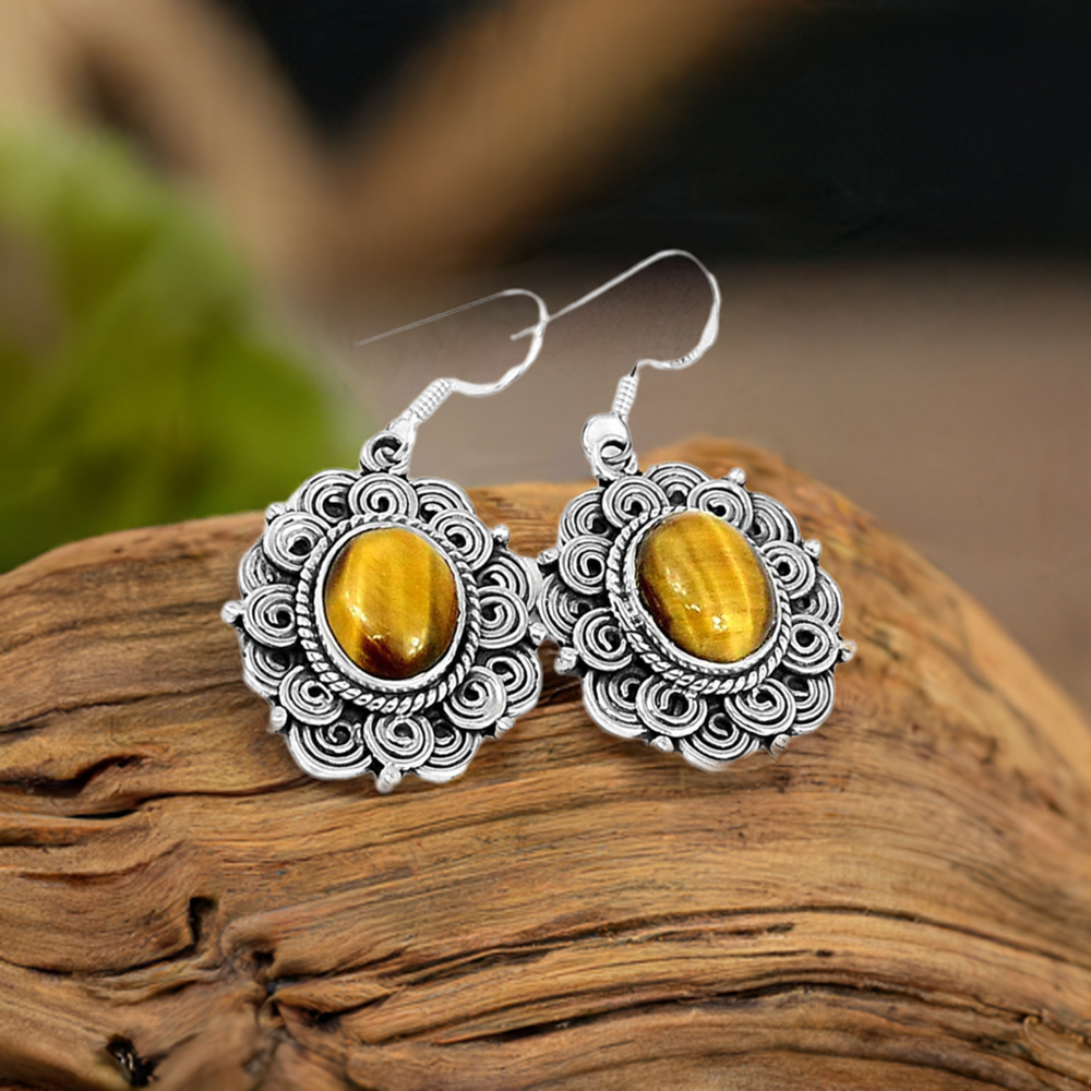 925 Sterling Silver Earrings In Genuine Tiger's Eye Gemstone 925SE2590