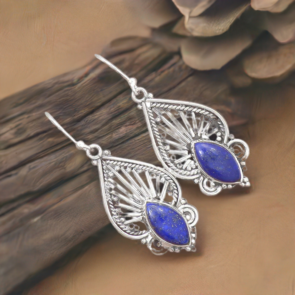925 Sterling Silver Earrings In Semi Precious Lapis Gemstone 925SE2644