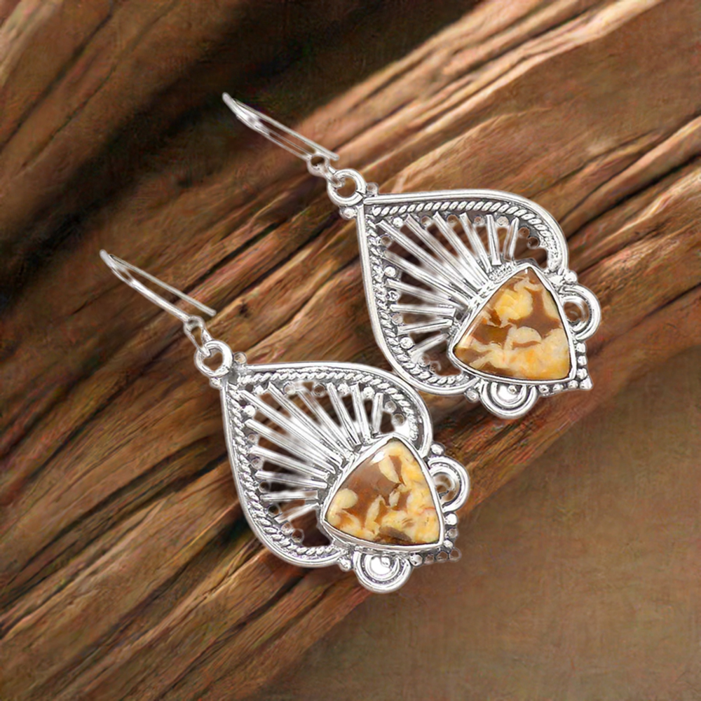 Solid 925 Silver Earrings In Semi Precious Wood Jasper Gemstone 925SE2647