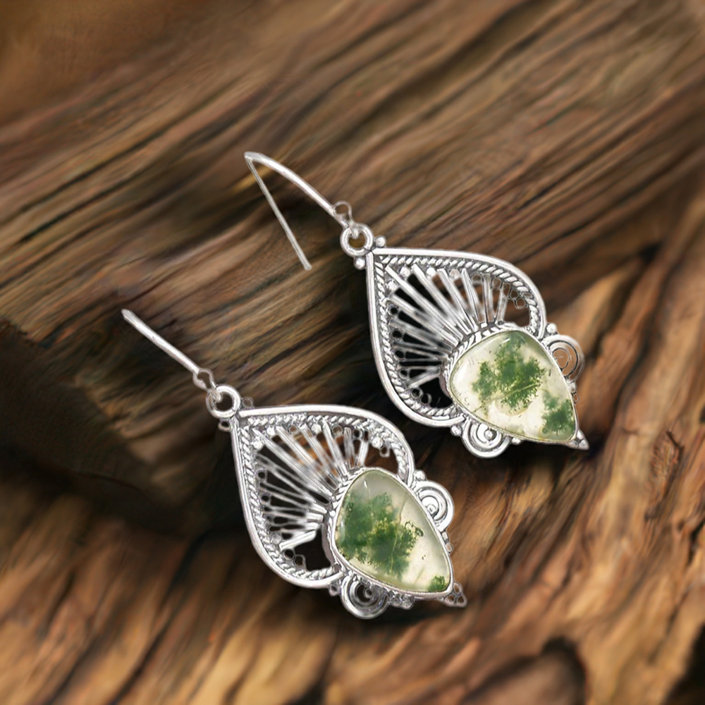 Solid 925 Silver Earrings In Genuine Moos Agate Gemstone 925SE2648