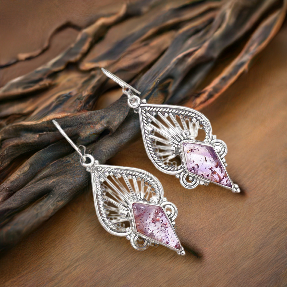 Fine 925 Sterling Silver Earrings In Natural Cacoxenite Gemstone 925SE2649