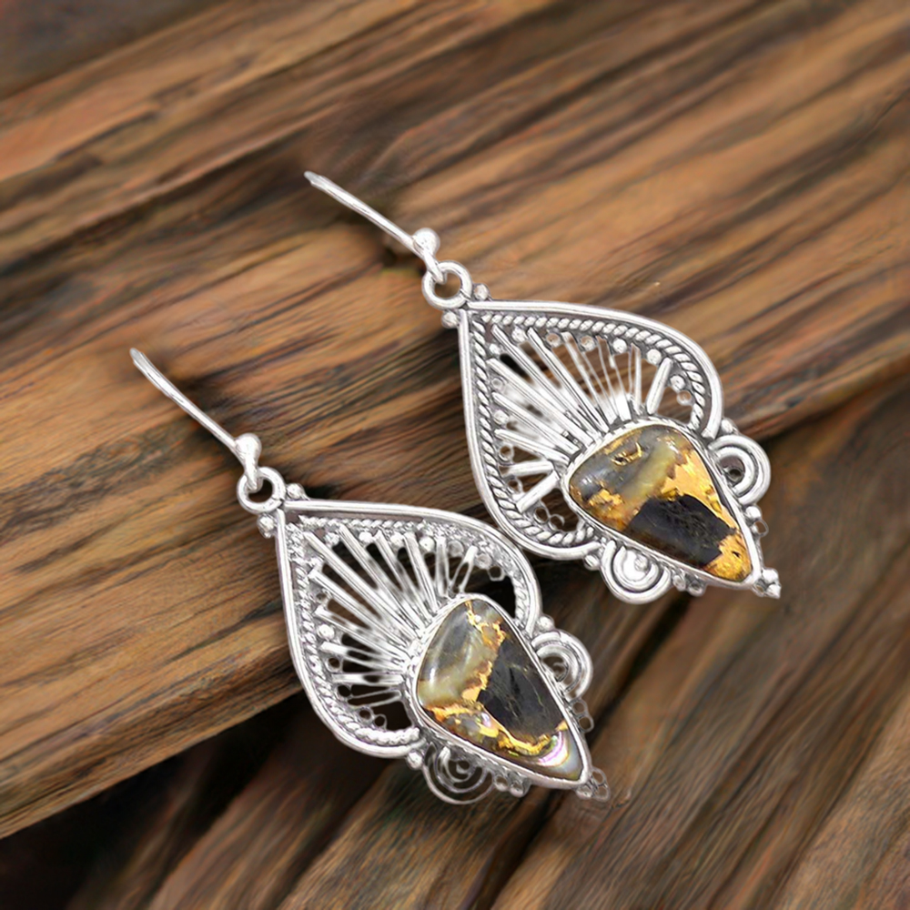 Fine 925 Sterling Silver Earrings In Semi Precious Pyrite Gemstone 925SE2650