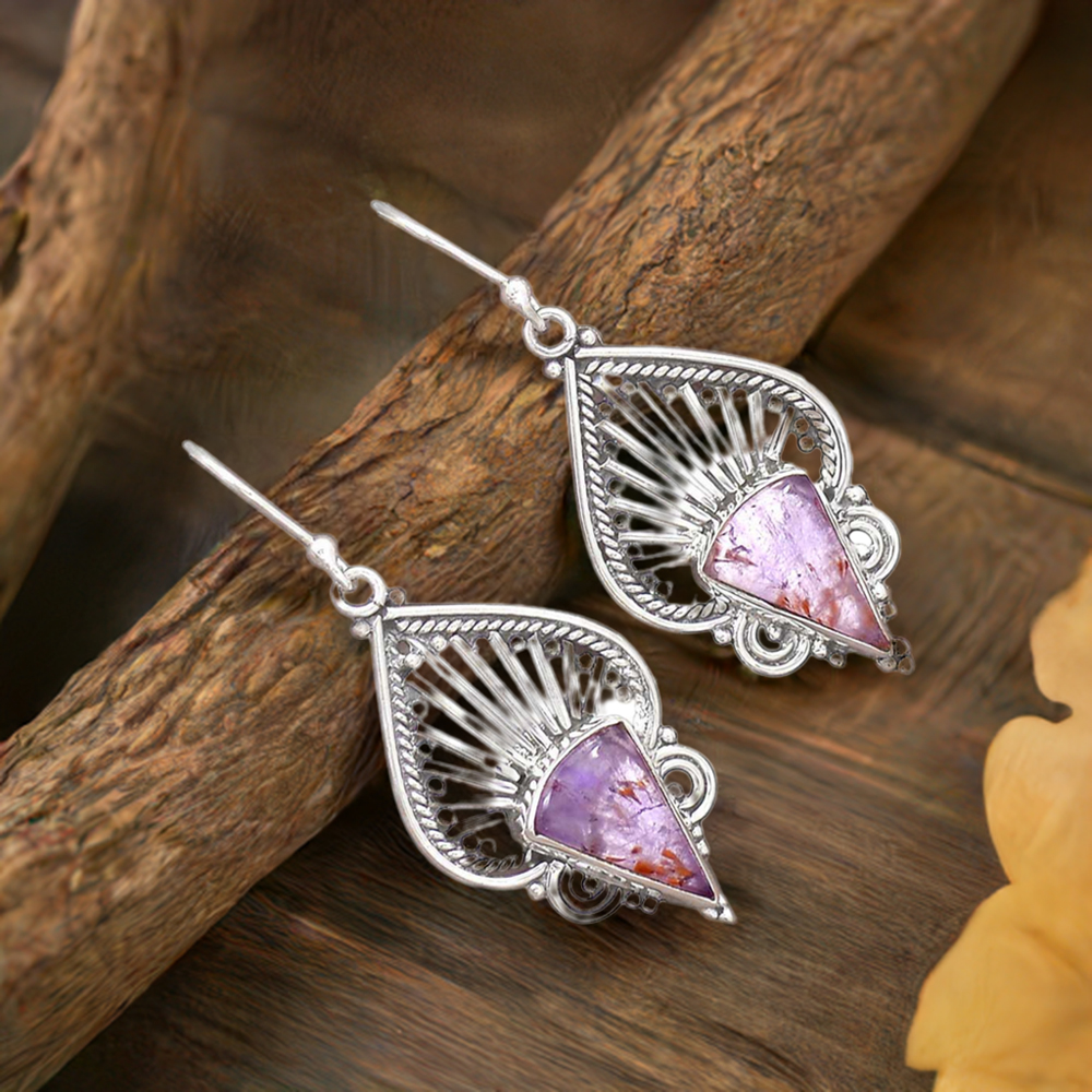 Fine 925 Sterling Silver Earrings In Genuine Cacoxenite Gemstone 925SE2651