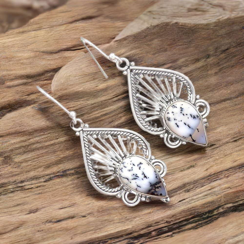Semi Precious Dendrite Opal Gemstone Earrings In Fine 925 Sterling Silver 925SE2659