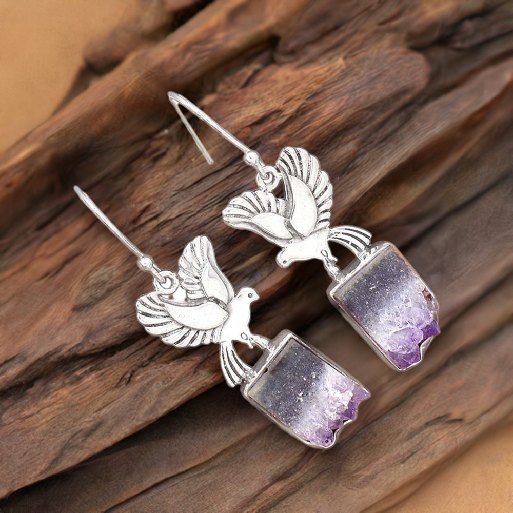 925 Sterling Silver Earrings In Semi Precious Amethyst Cylinder Gemstone 925SE2670
