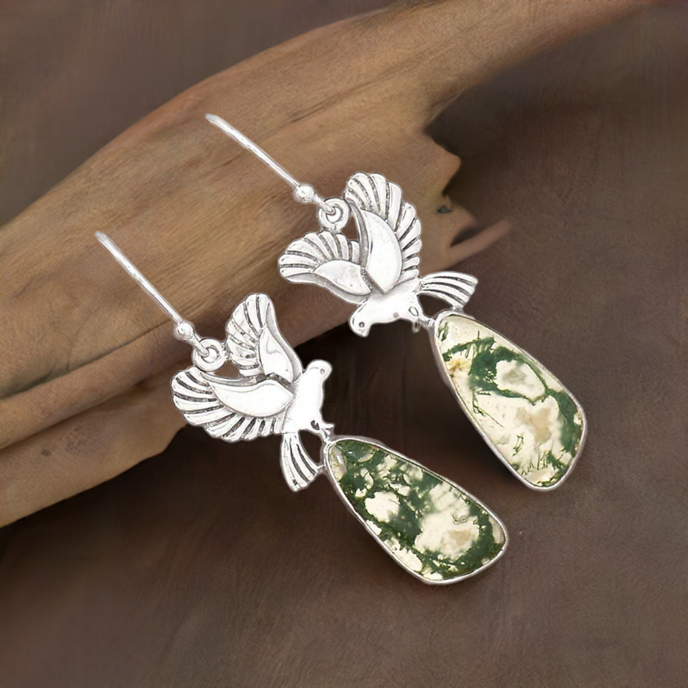 Semi Precious Moos Agate Gemstone Earrings In 925 Sterling Silver Jewelry 925SE2675