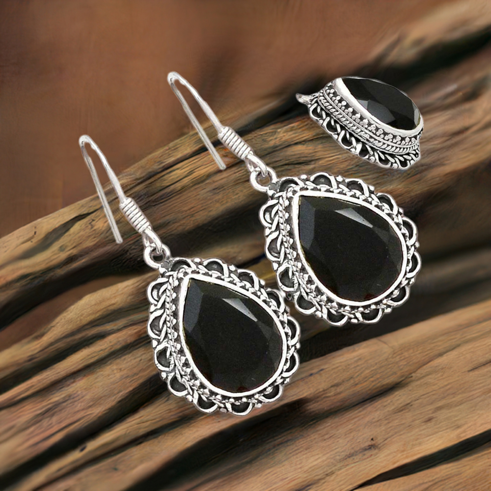 925 Sterling Silver Earrings In Genuine Black Onyx Gemstone 925SE2716