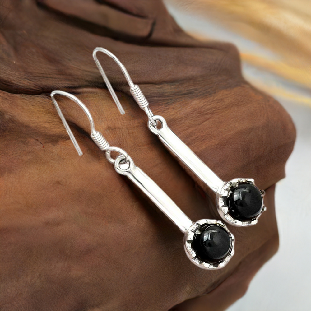 Solid 925 Silver Earrings In Genuine Black Onyx Gemstone 925SE2719