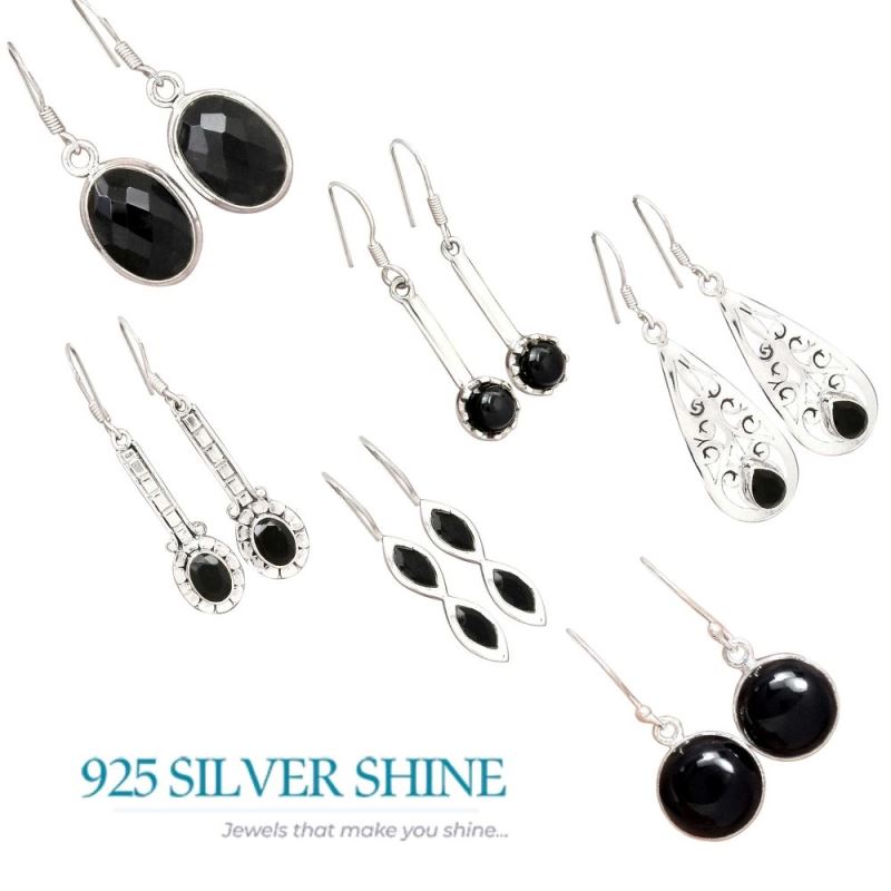 Solid 925 Silver Earrings In Genuine Black Onyx Gemstone 925SE2719_3