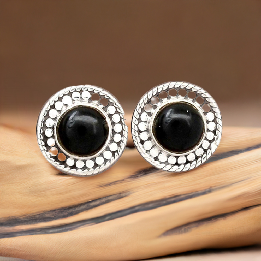 Fine 925 Sterling Silver Earrings In Natural Black Onyx Gemstone 925SE2720
