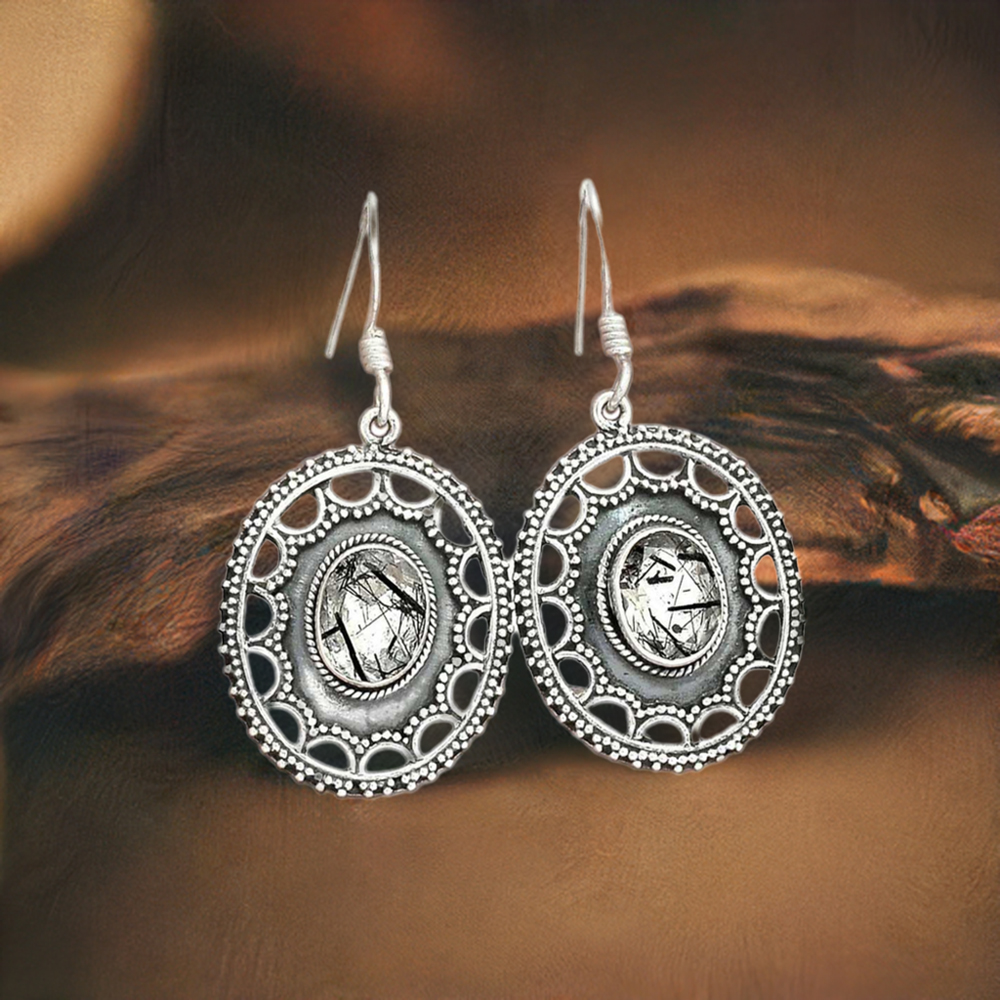 Fine 925 Sterling Silver Earrings In Genuine Black Rutile Gemstone 925SE2721