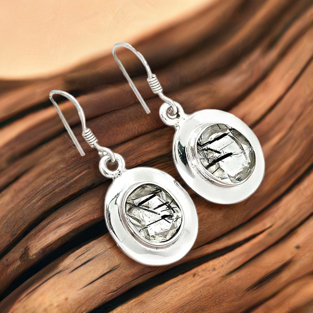 Natural Black Rutile Gemstone Earrings In 925 Sterling Silver 925SE2722