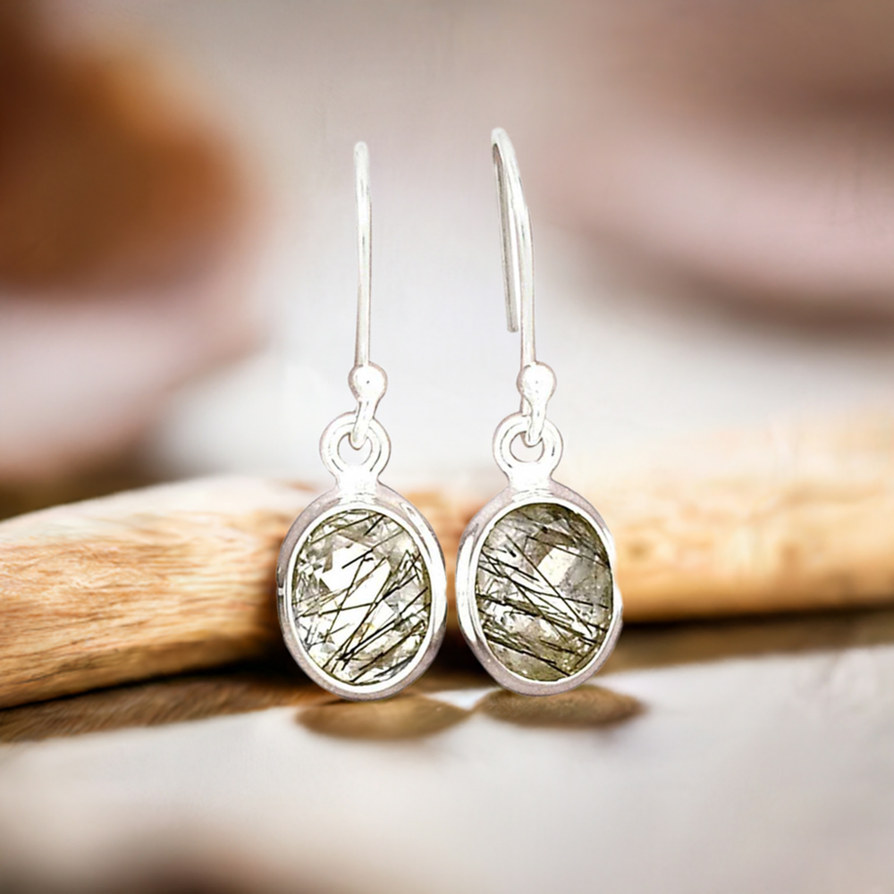 Semi Precious Black Rutile Gemstone Earrings In 925 Sterling Silver 925SE2723