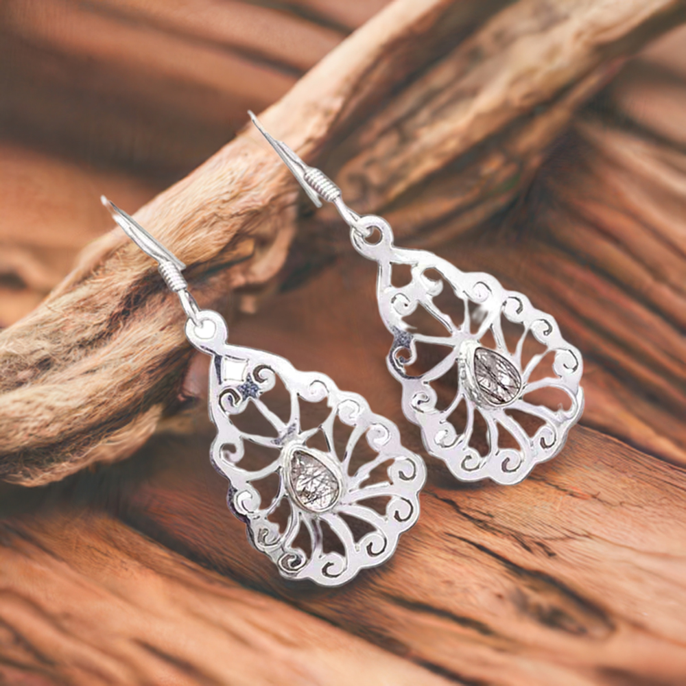 Genuine Black Rutile Gemstone Earrings In 925 Sterling Silver 925SE2724