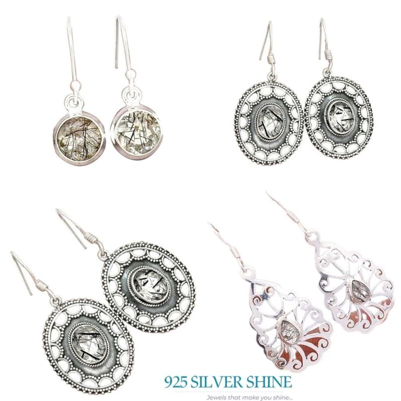 Genuine Black Rutile Gemstone Earrings In 925 Sterling Silver 925SE2724_3